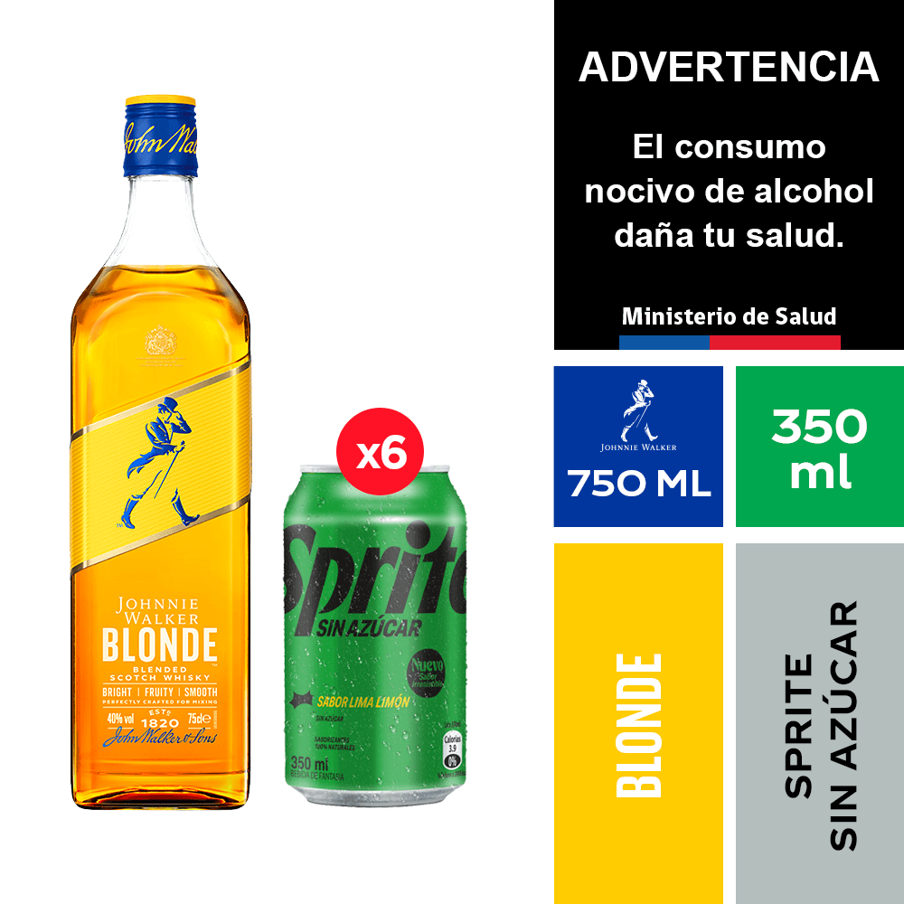 Johnnie Walker Blonde 750 ml. + Sprite Sin Azúcar 6 x 350 ml. - Andina - $17.590