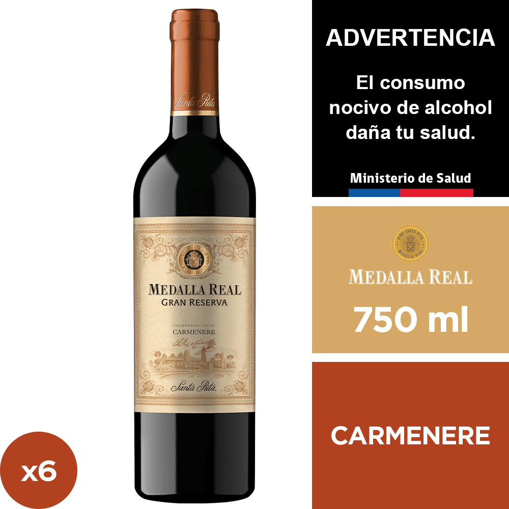 Vino Medalla Real Gran Reserva Carmenere 6 x 750 ml. - Andina - $50.290